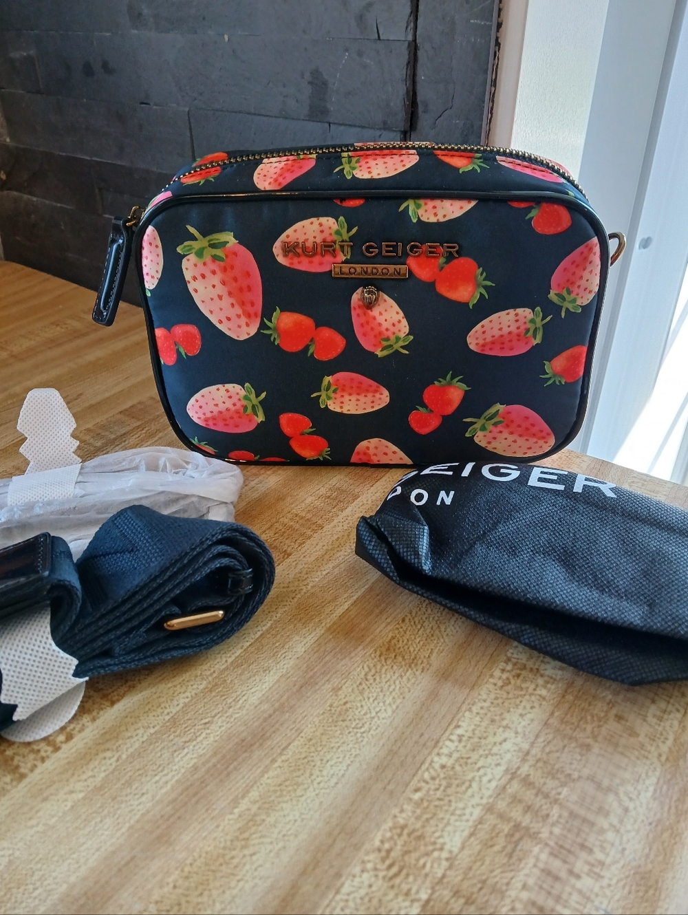 Kurt Geiger Black Crossbody Bag with Red/Pink Strawberry Print NWT